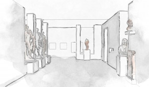 sketch of the scenography of an archaeological exhibition