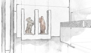 Sketch of the scenography of a temporary exhibition