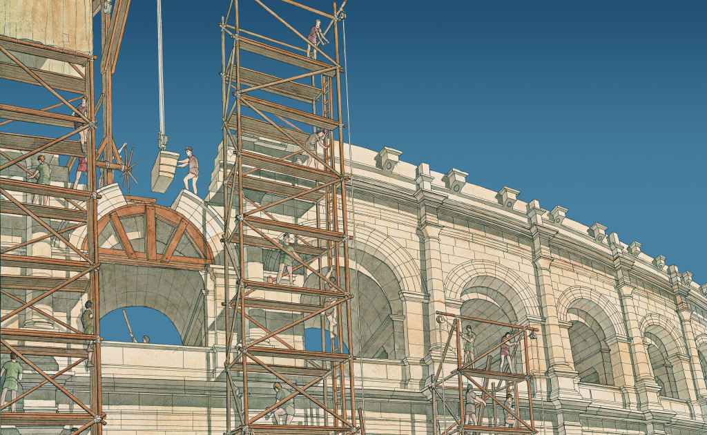 Aquarelles des arènes de Nîmes en construction